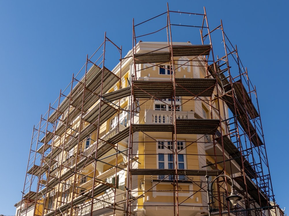 Scaffolding around a large period commercial building undergoing refurbishment